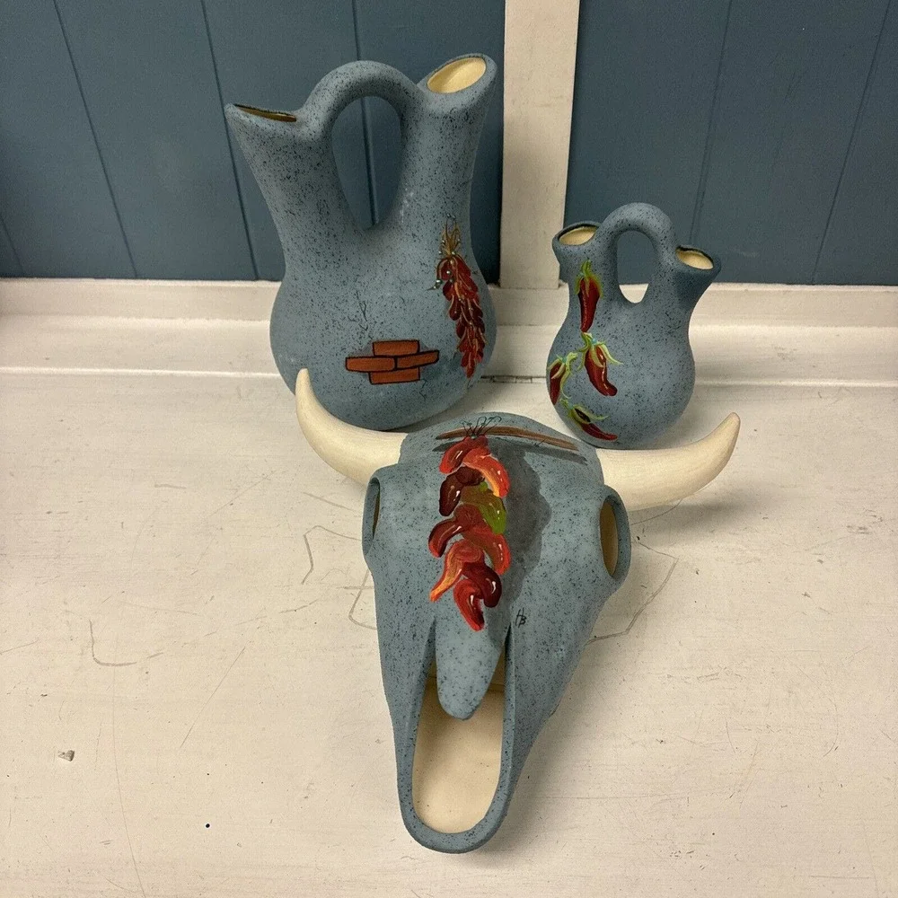 Lot 3 Hozoni Pottery Hand Painted Bull Skull Aqua Native American Indian + Vases